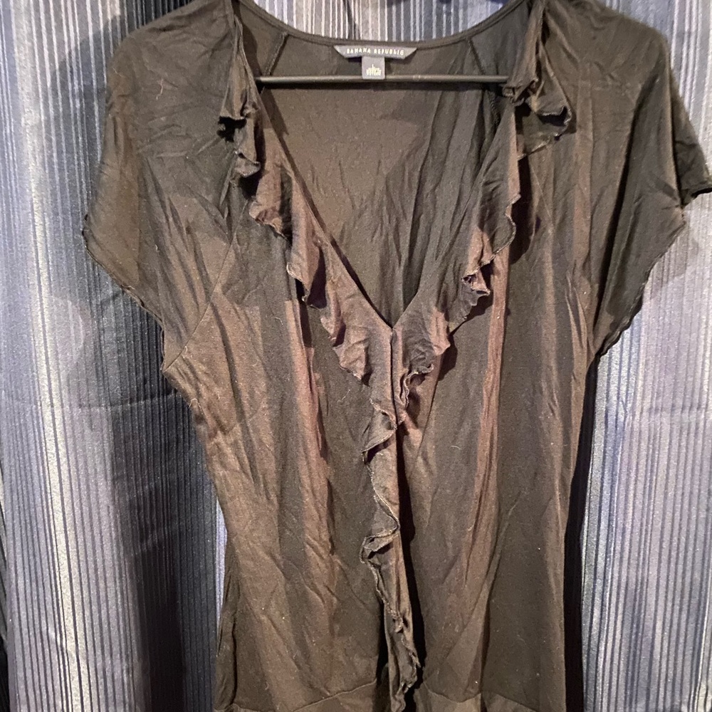 Banana Republic-Black, Ruffle V Neck Top-Size: Large